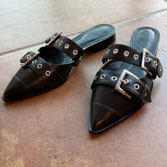 Schutz "Penny Flats" Black Buckle Mules with Silver Hardware, Pointy Toes size 6 - Picture 15 of 15